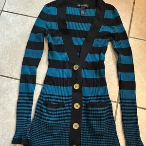 INC International Concepts blue and black striped ribbed cardigan sweater